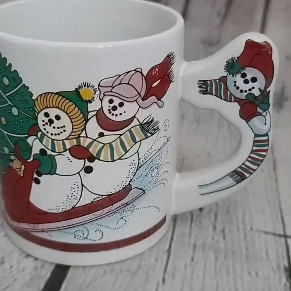 Vintage Christmas Snowman Handle Coffee Mug